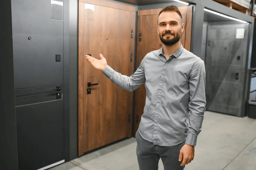 man showcasing the advantages of steel doors for residential purposes