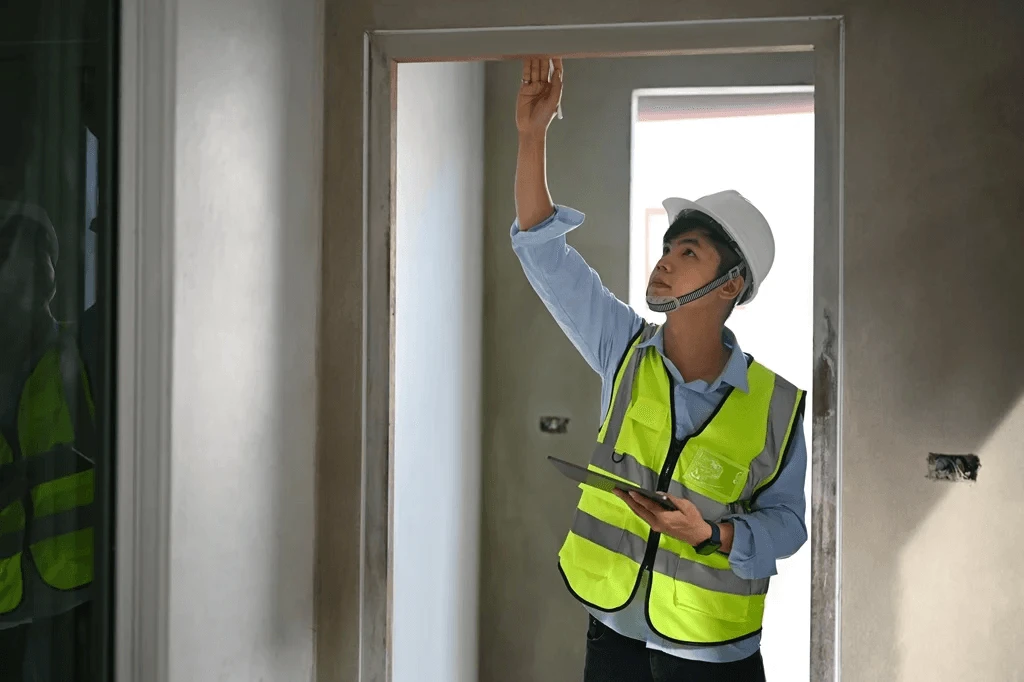 maintenance worker inspecting the door jamb of a residential property