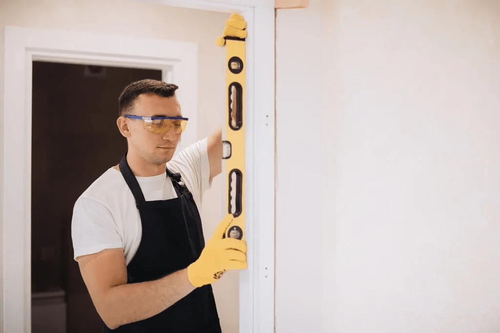 man taking measurements of a door jamb for maintenance purposes