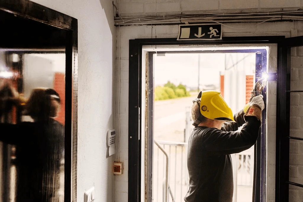 worker installing industrial doors for a manufacturing company