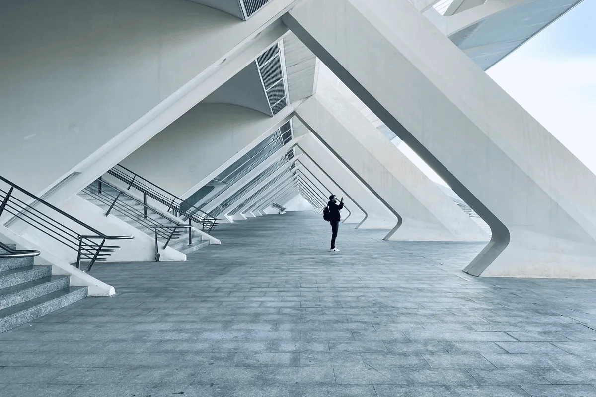 tourist appreciating modern aesthetic architecture