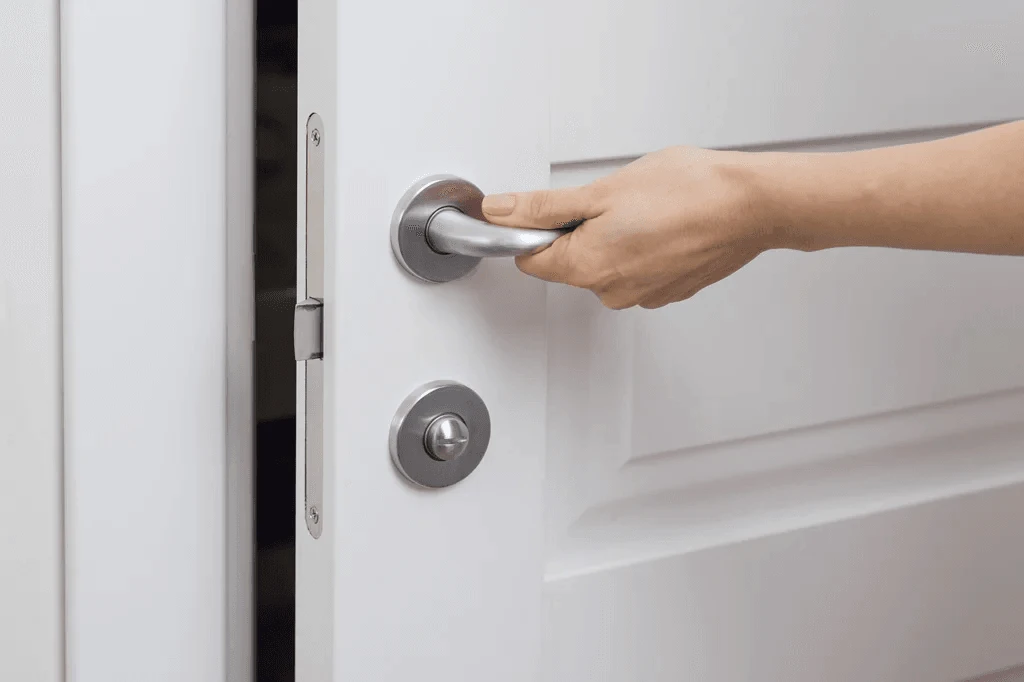 homeowner testing the newly installed door lever