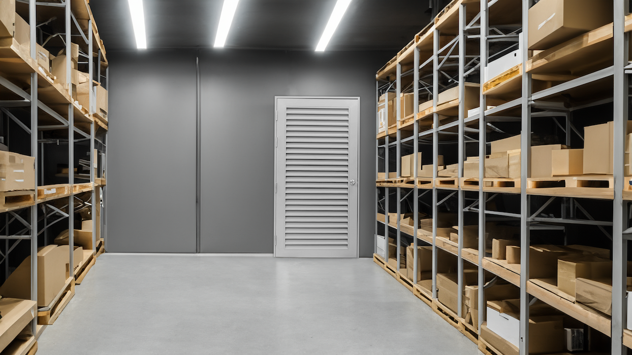 full louvered steel door installed in warehouse