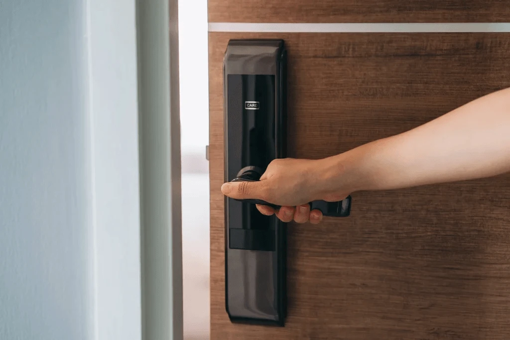 employee opening a smart door lock