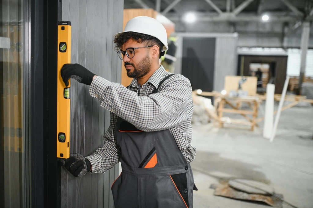 worker checking alignment for accurate fire exit door dimensions