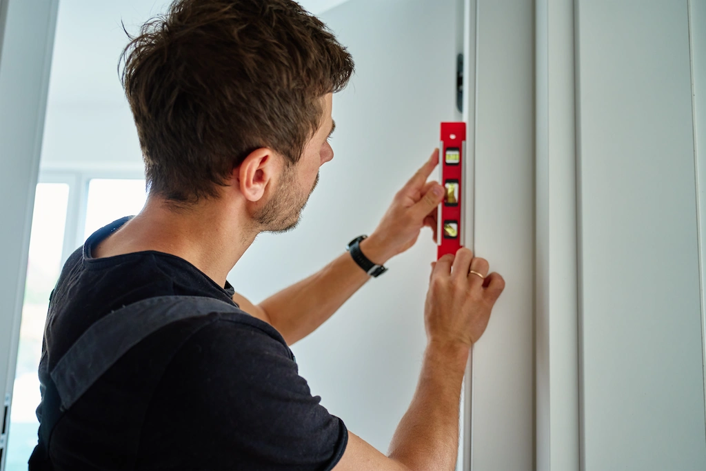 expert checking door alignment for fire exit door installation