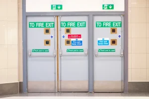 fire exit glass door at indoor shopping mall